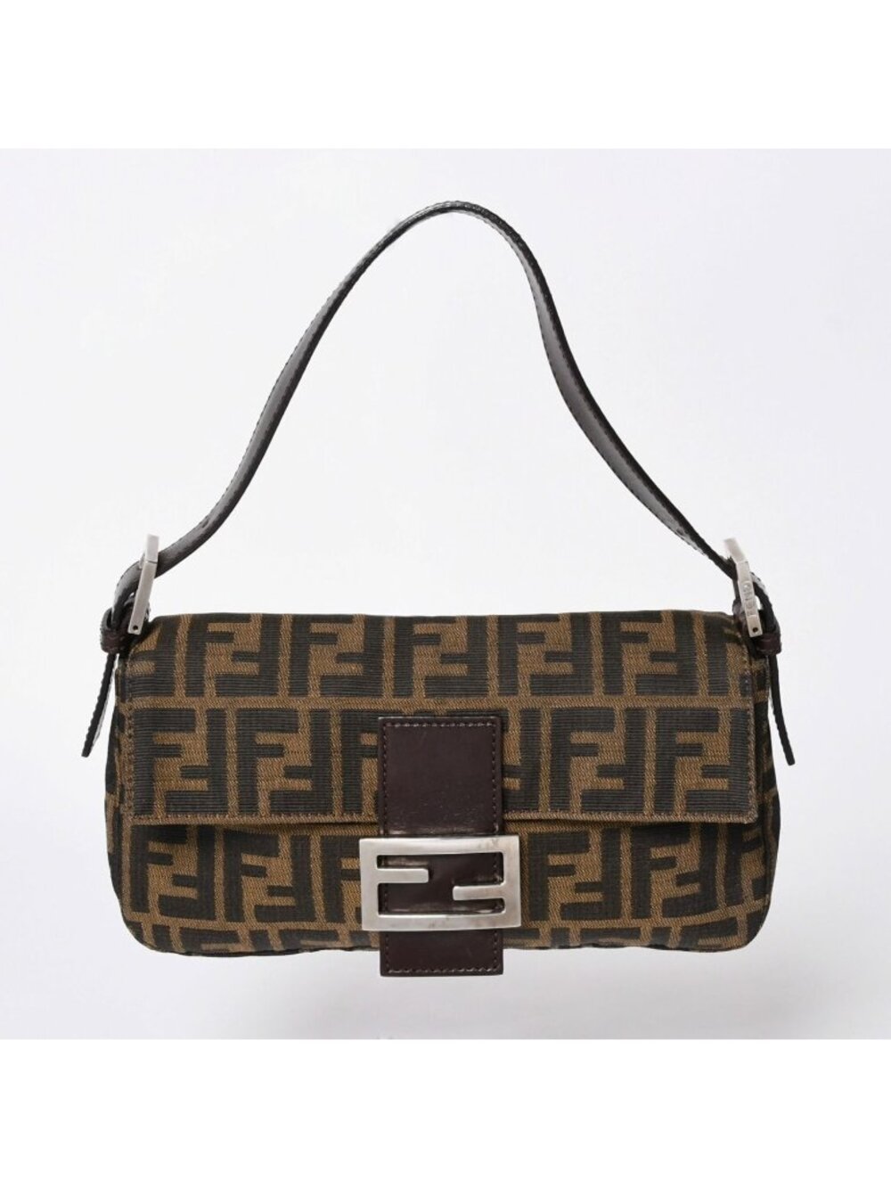 Fendi Shoulder Bag Cross Mamma Baguette Zucca Pattern Brown Silver